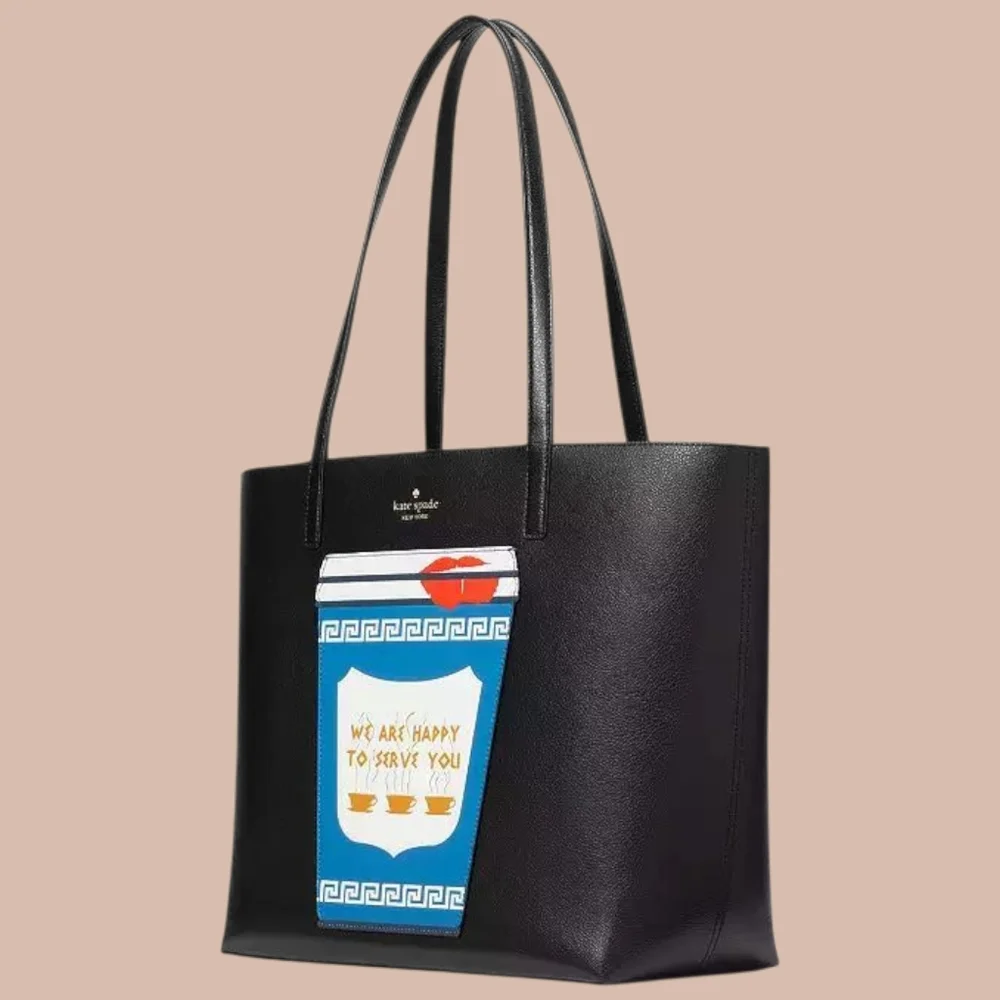 kate spade black leather tote with blue coffee cup graphic - Picture 3 of 6